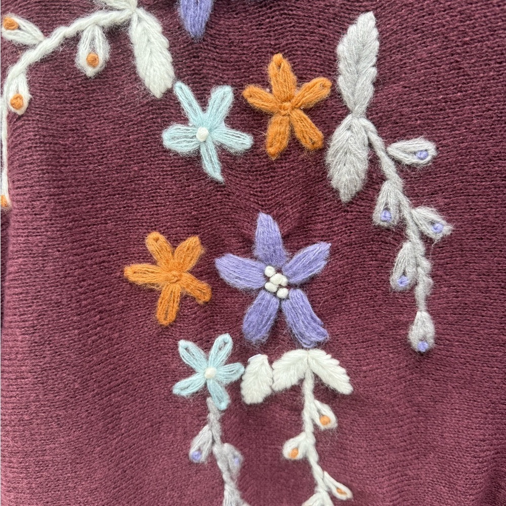 Floral Embroidered Burgundy Sweater, Size Large - Picture 2 of 3